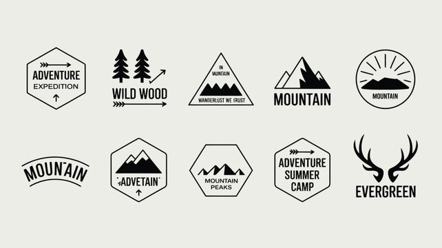 Minimalist mountain adventure logo collection featuring wild wood trees outdoor camp badges peak graphics arrows and deer antler emblems