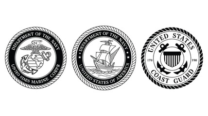 Collection of United States military seals including the Department of the Navy Marine Corps and Coast Guard vector emblem badges © Atikul