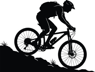 Naklejka premium Mountain Biker Riding Trail Silhouette Vector Icon for Outdoor Adventure and Cycling Sport