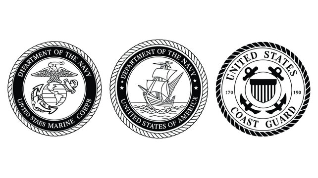 Collection of United States military seals including the Department of the Navy Marine Corps and Coast Guard vector emblem badges