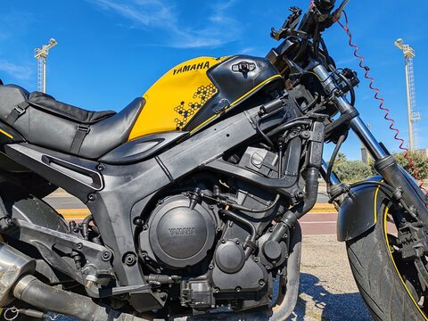 Ostia, Rome, Italy - June 6, 2026, a Yamaha naked motorcycle, a vehicle without fairings or windshields, leaving the engine and components exposed.
