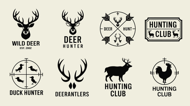 Vintage hunting club logo collection featuring wild deer heads antlers crossed arrows duck hunter targets and rooster bird emblem badges