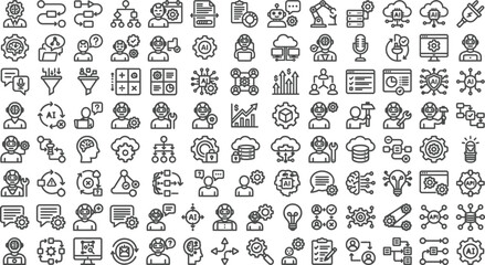 Obraz premium Artificial intelligence line icons, 100 machine learning vector symbols set