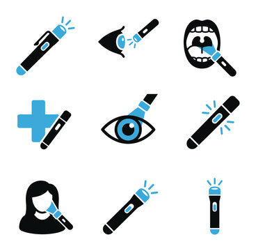 Medical penlight examination and diagnostic procedure icons