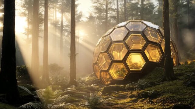 Futuristic Geodesic Dome House Nestled in a Sunlit Forest Landscape
