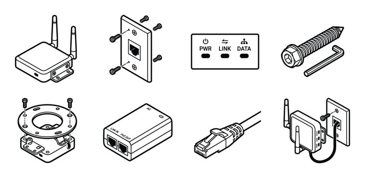 Network hardware installation equipment line icons collection