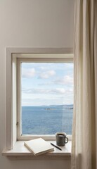 Fototapeta premium Cabin window overlooking sea with coffee mug and notebook