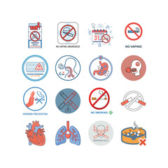 Fototapeta premium A comprehensive set of vector icons illustrating smoking and vaping prevention, health risks, and awareness campaigns, featuring organs like heart and lungs.