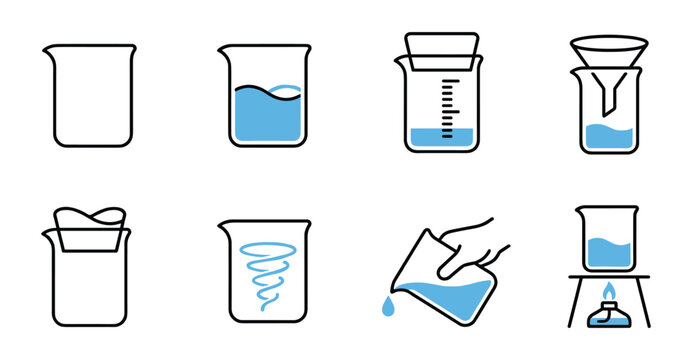 Set of laboratory beakers with different liquid fill levels