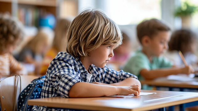 Anonymous children in a classroom at a lesson sitting at desks, International Day of the Social Pedagogue educational concept, faceless, defocused, with copy space