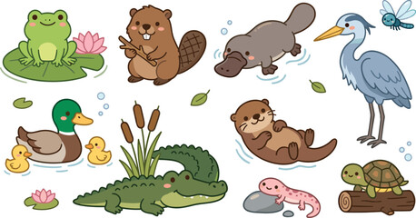 Cute Wetland Animal Collection with Frog Beaver Platypus Otter Heron Crocodile Turtle and Duck Cartoon Vector Set