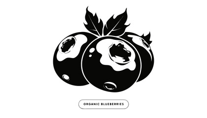 Very beautiful black and white close-up realistic vector of ORGANIC BLUEBERRIES featuring detailed berry texture and healthy food styling, isolated on white background, with a label reading "ORGANIC  © ehsanollah