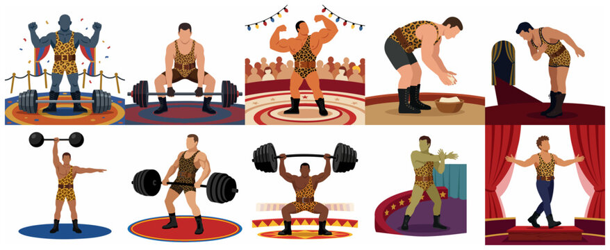 Vintage Circus Strongman Illustration Set Featuring Male Bodybuilder in Leopard Print Outfit Lifting Barbell and Flexing Muscles