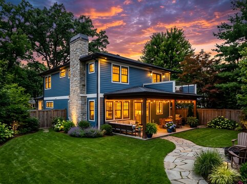 Modern two story blue house with backyard patio and sunset view