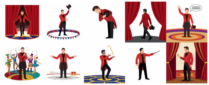 Circus Ringmaster and Magician Character Set with Various Poses, Stage Performance Illustrations with Red Tailcoat and Top Hat for Carnival and Show Events