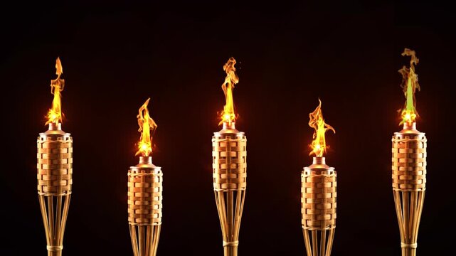 Traditional woven bamboo torches burning with bright fire, Row of burning bamboo torches with bright orange flames on Alpha Channel. Five lit bamboo tiki torches glowing with fire flames in the
