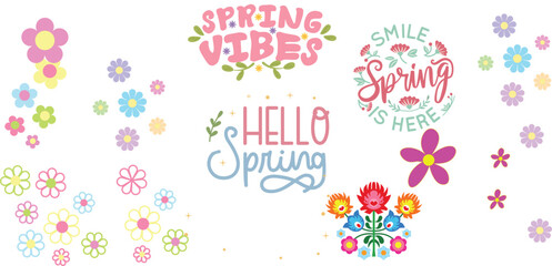 Collection of spring themed illustrations including floral designs and cheerful typography elements. © MDJahangir