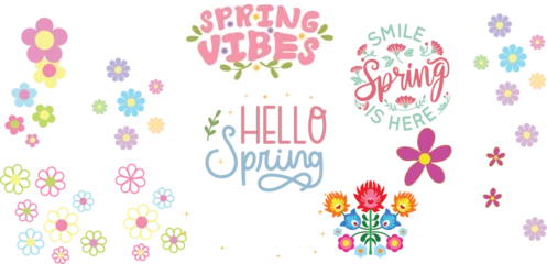 Fototapeten Positive Typografie Collection of spring themed illustrations including floral designs and cheerful typography elements.  © MDJahangir