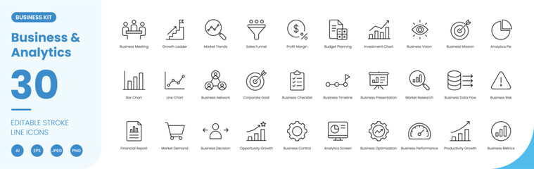 business and analytics icon line style finance strategy editable stroke vector set © BIJOLI