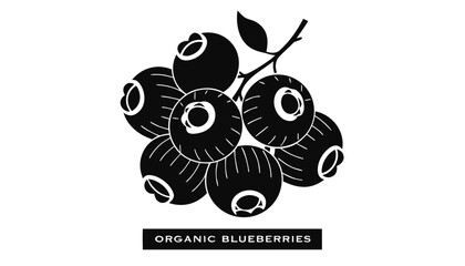 Very beautiful black and white close-up realistic vector of ORGANIC BLUEBERRIES featuring detailed berry texture and healthy food styling, isolated on white background, with a label reading "ORGANIC  © ehsanollah