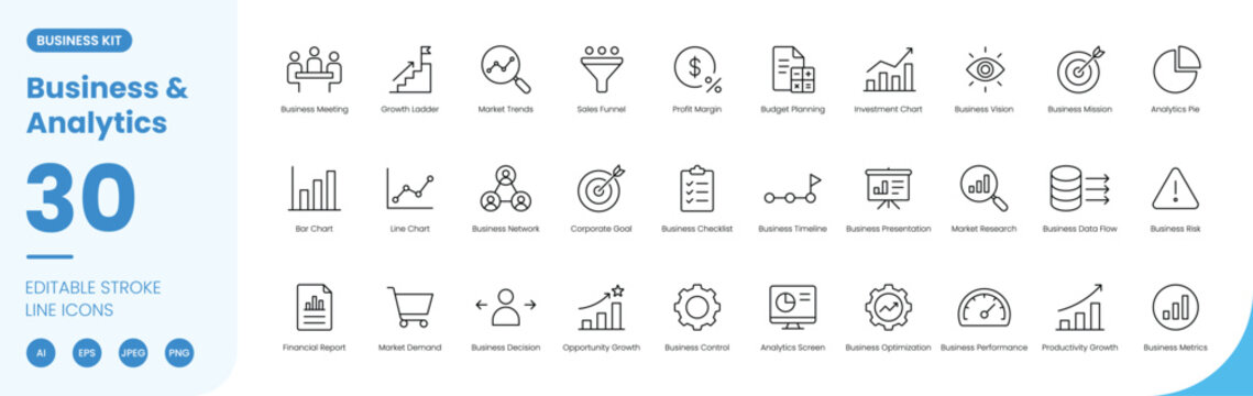 business and analytics icon line style finance strategy editable stroke vector set