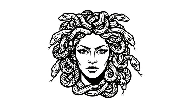 Medusa head with snake hair mythology illustration, portrait