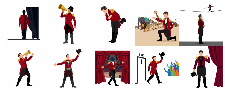 Collection of Circus Ringmaster Character Illustrations in Various Poses and Scenes