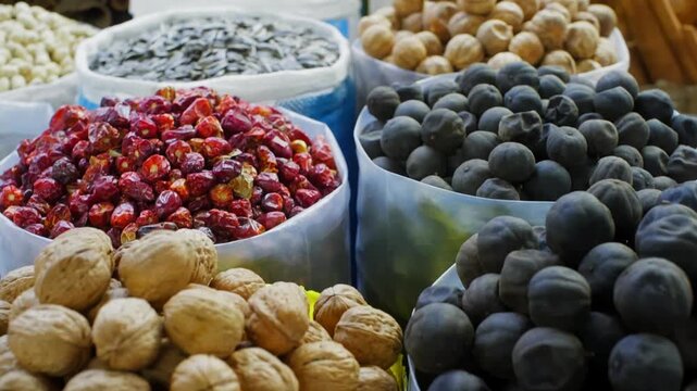 Close up of dried berries, nuts, seeds arranged in white containers at outdoor market or bazaar, showing variety of textures, colors for food ingredients, healthy snacking.