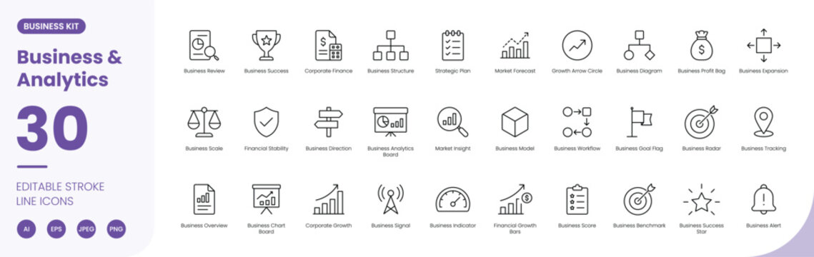 Business and Analytics icon line style corporate growth editable stroke vector set