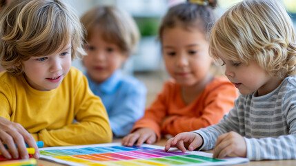 Obraz premium Anonymous ESL teacher holding a colorful vocabulary chart while working with a small group of immigrant children, language acquisition and inclusion concept, faceless, defocused,