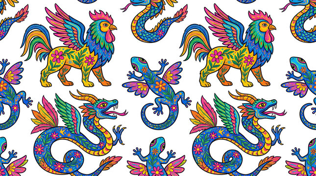 Mexican alebrije folk art seamless pattern with bright mythical creatures and intricate details.