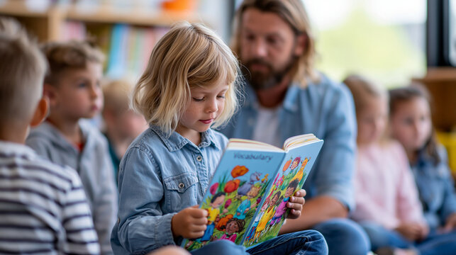 Anonymous ESL teacher holding a colorful vocabulary chart while working with a small group of immigrant children, language acquisition and inclusion concept, faceless, defocused,