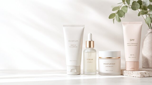 Minimal natural skincare set with gentle cleanser, serum, moisturizer and SPF beside eucalyptus leaves