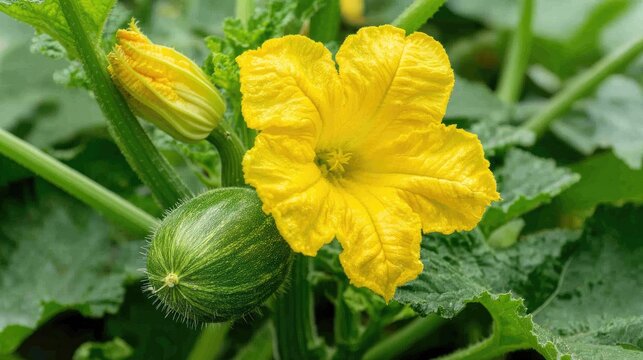Bright yellow squash flower blooms above green squash forming on a healthy plant surrounded by lush leaves in natural light