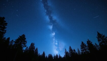 Dark pine forest against deep blue starry night sky. Milky Way galaxy stretches across expanse. Peaceful nature scene shows celestial beauty.