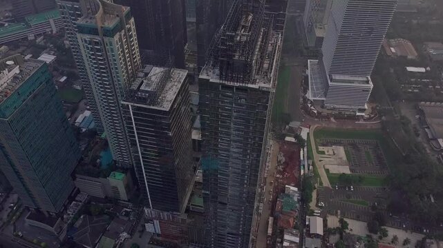 Aerial drone: Jakarta SCBD building track out shot, Central Jakarta