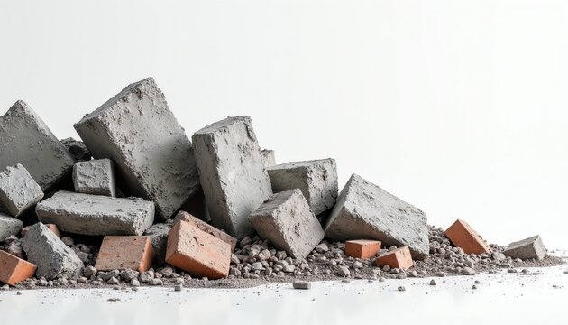Pile of broken concrete blocks and bricks rests on small gravel stones. Rough gray material and red clay bricks form rubble heap. Building waste, demolition remnants, industrial destruction texture.