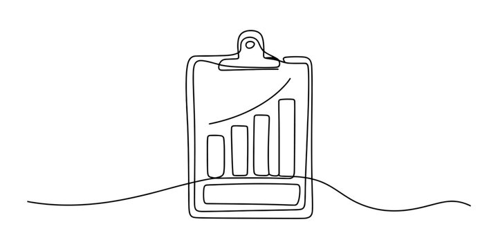 Continuous one line drawing of a clipboard with a rising bar chart graph showing business growth and financial progress in a simple modern minimalist style Vector, illustration