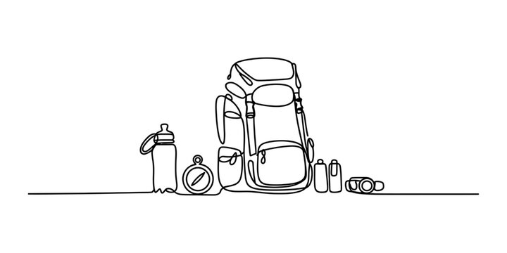 Continuous line drawing of hiking gear with backpack compass water bottle and camera for outdoor travel adventure and camping trip equipment concept Vector, illustration