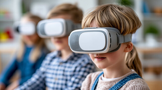 Anonymous group of children in a kindergarten wearing virtual reality glasses, early learning and modern teaching methods concept, faceless, defocused, with copy space