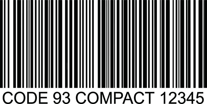Code 93 Compact barcode vector illustration, black and white linear scan symbol for retail logistics, digital identification bar code 12345