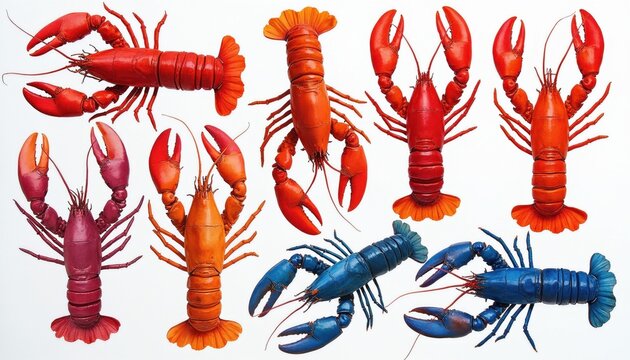 Group of colorful lobsters on white background. Red orange purple and blue crustaceans arranged for design. Seafood collection for menu art cooking.