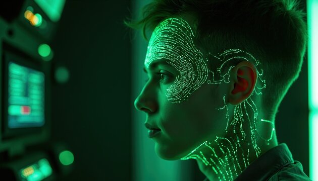 Man face illuminated by glowing green digital circuit lines. Futuristic technology connects human brain to computer system, exploring digital consciousness and artificial intelligence innovation.