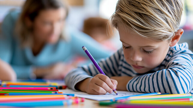 Anonymous learning support assistant working side by side with a child with additional needs at a classroom desk, inclusive education concept, faceless, defocused, with copy space