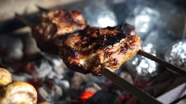 American bbq ribs cooking on grill	
