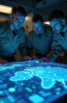 Military officers in uniform plan strategy on futuristic holographic map table. Team collaborates in command center using glowing digital interface for tactical operations. Intense focus on global