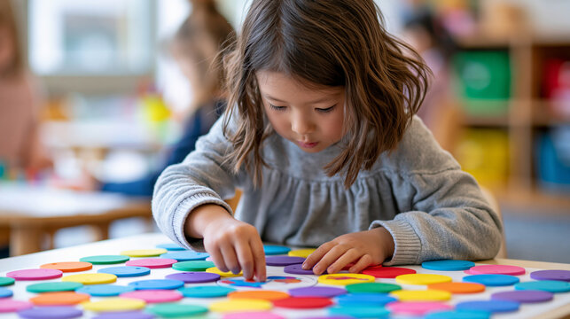 Anonymous girl correctly identifying images in a colorful classroom exercise, early childhood learning and educational activity concept, faceless, defocused, with copy space