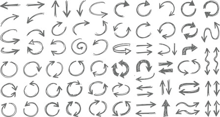 Obraz premium Hand drawn arrow set circular linear and directional sketch elements
