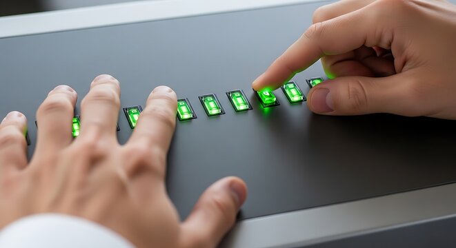 Hand pressing illuminated green switch on control panel