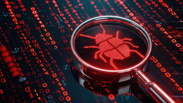 Magnifying glass scanning red binary code find software bug, test software, websites, or networks for vulnerabilities